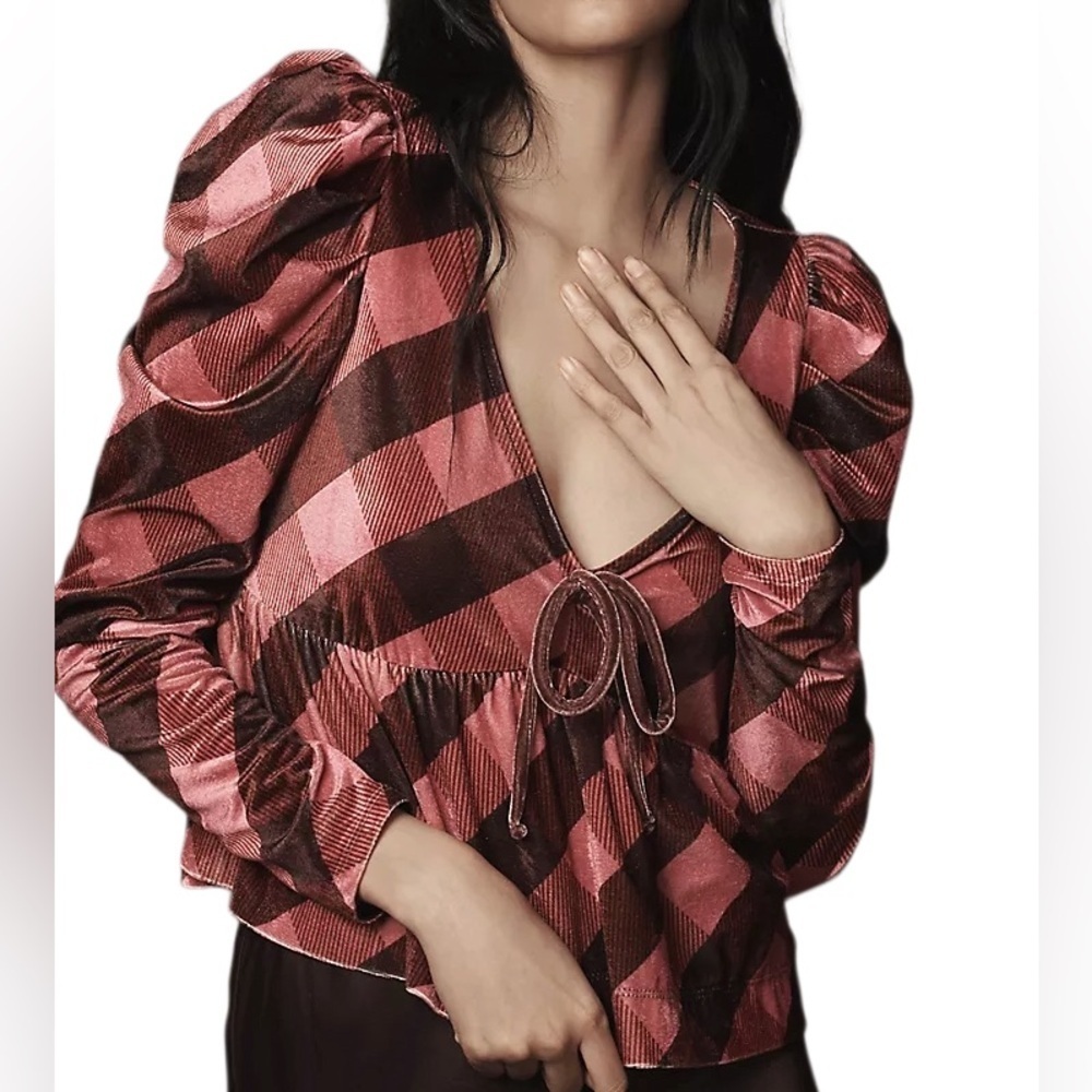 NWT Anthropologie Maeve Babydoll Peplum Top – Pink & Rose Velvet Plaid – Size M